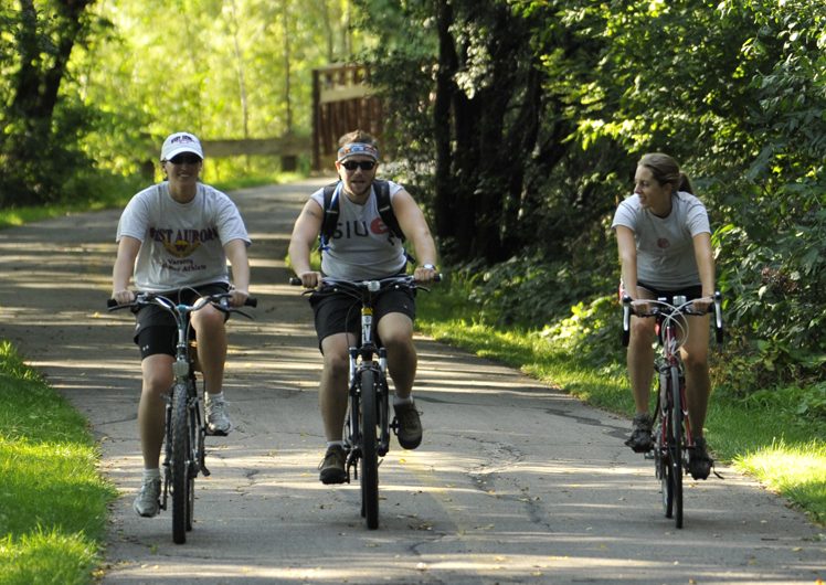 Three adults biking on wooded bike path