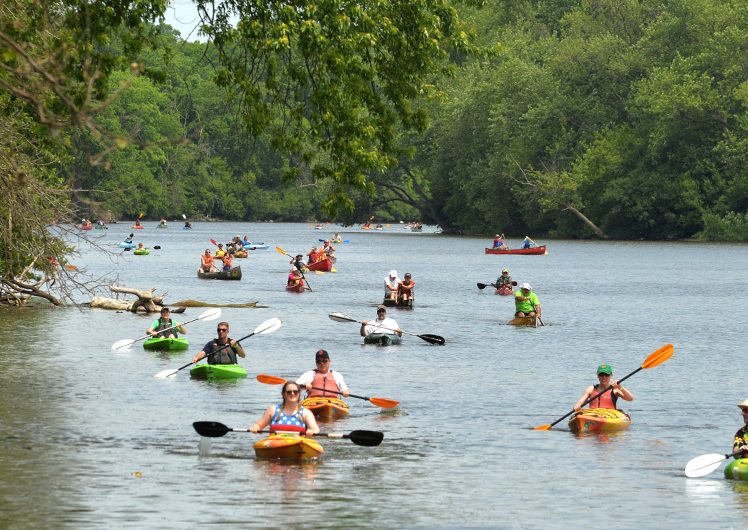 Large group of people in kayaks on water