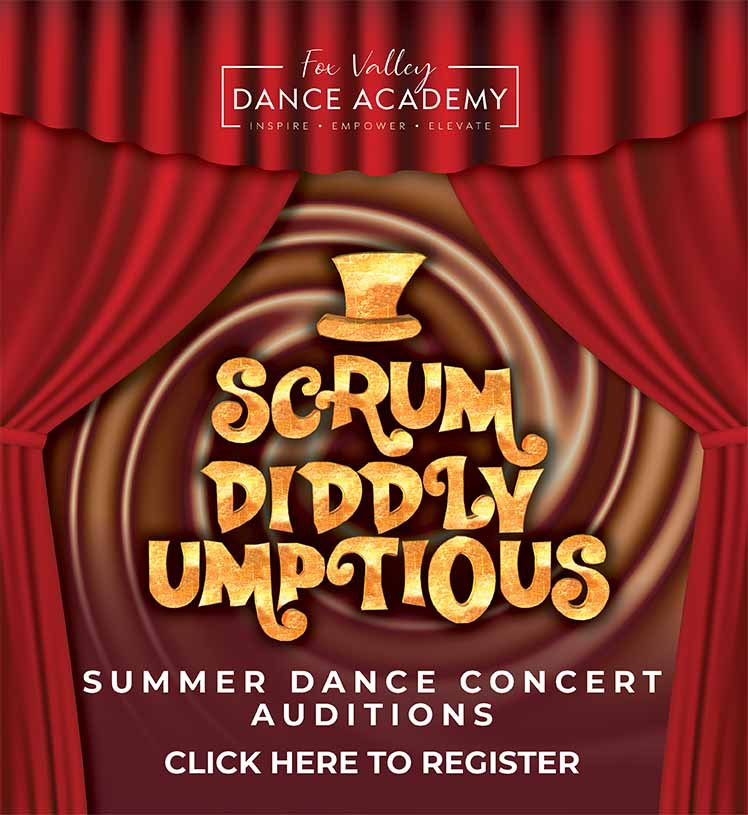 Scrumdiddlyumptious. Summer dance concert auditions. Click here to register.